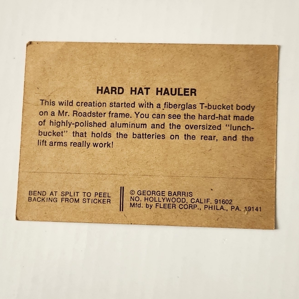 1974 Fleer Kustom Cars Sticker Card  - George Barris "Hard Hat Hauler" Vintage - Picture 2 of 10